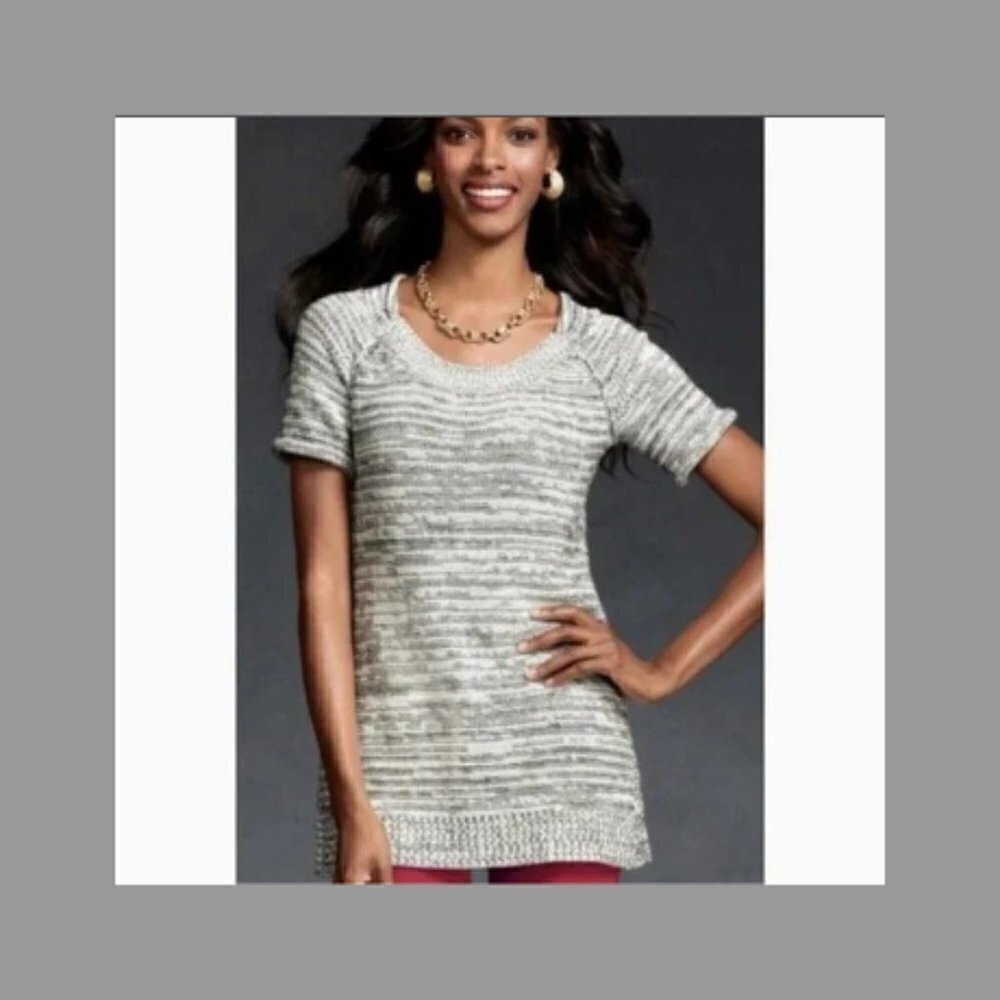 CABI Marled Tunic Sweater Black & Winter White Short Sleeves XS #973 EUC